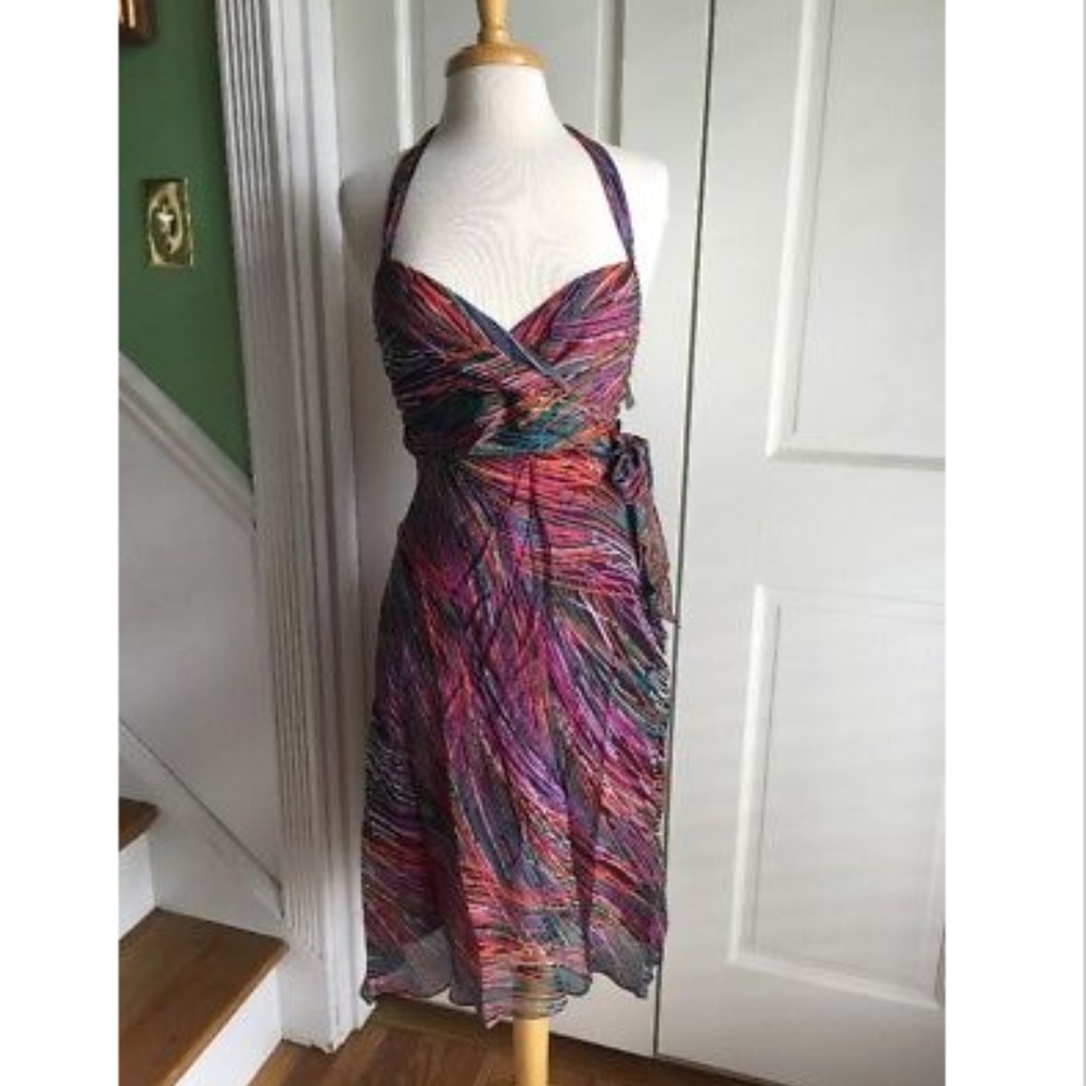 BCBG Max Azria Geometric Silk Halter Dress